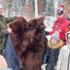 Болельщик дарит Александру Большунову шкуру медведя