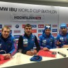 команда России на пресс-конференции после победы в эстафете