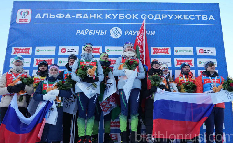 25.01.2026. Кубок Содружества 2025/2026 по биатлону, Раубичи: призёры смешанной эстафеты команды Россия-1 (серебро), Беларусь-1 (золото) и Россия-2( бронза) 25.01.2026. Кубок Содружества 2025/2026 по биатлону, Раубичи: призёры смешанной эстафеты команды Россия-1 (серебро), Беларусь-1 (золото) и Россия-2( бронза)