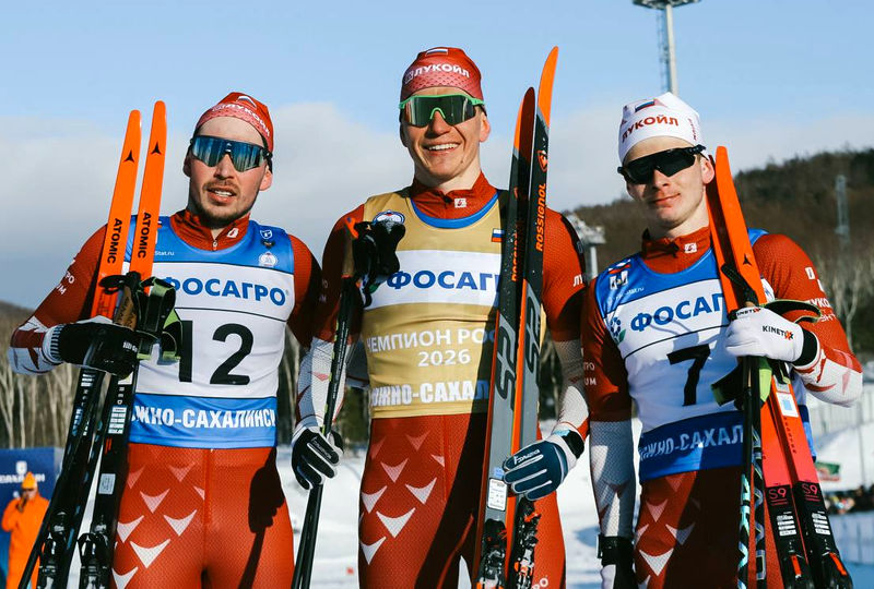 01.03.2026. Чемпионат России 2026 по лыжным гонкам, Южно-Сахалинск: призёры мужского спринта свободным стилем