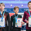16.10.2025. Фигурное катание. Гран-при России 2025/2026, юниоры, I этап, Москва: победитель и призёры в соревнованиях среди юношей Герман Ленков (серебро), Лев Лазарев (золото), Никита Малютин (бронза). ©ФФККР