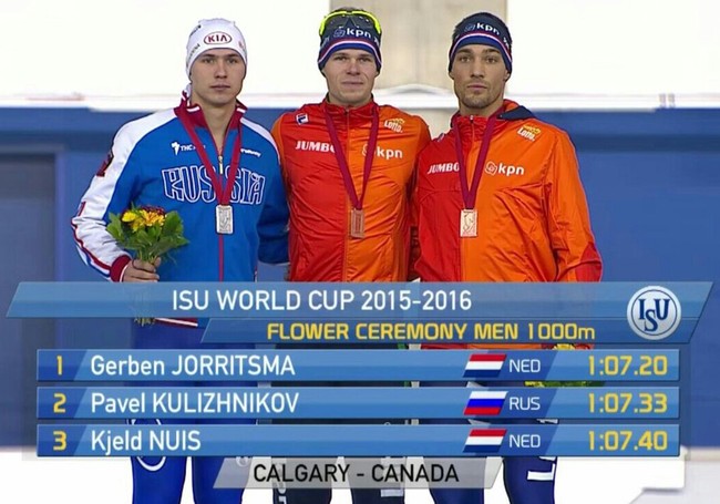 призёры на дистанции 1000 метров у мужчин. Россиянин Павел Кулижников - серебряный призёр